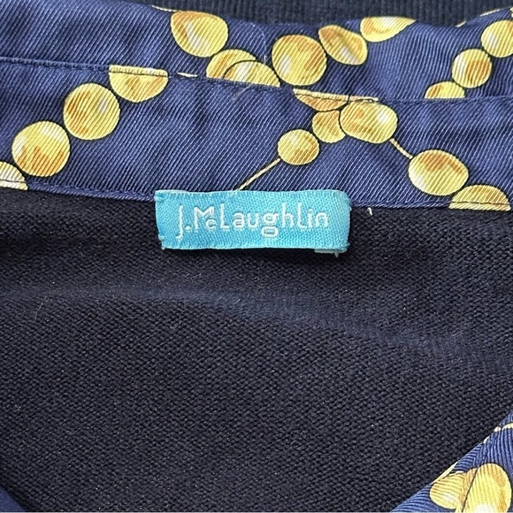 J. McLaughlin Women’s Size L Navy Blue Gold Silk Front Sweater Back Shirt Top - Picture 5 of 8